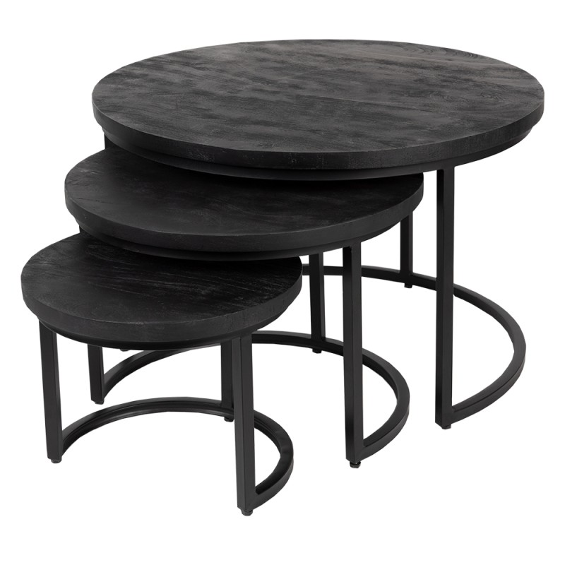Clayre & Eef Side Table Set of 3 Ø 75 Ø 55/ Ø 40 cm Black Wood