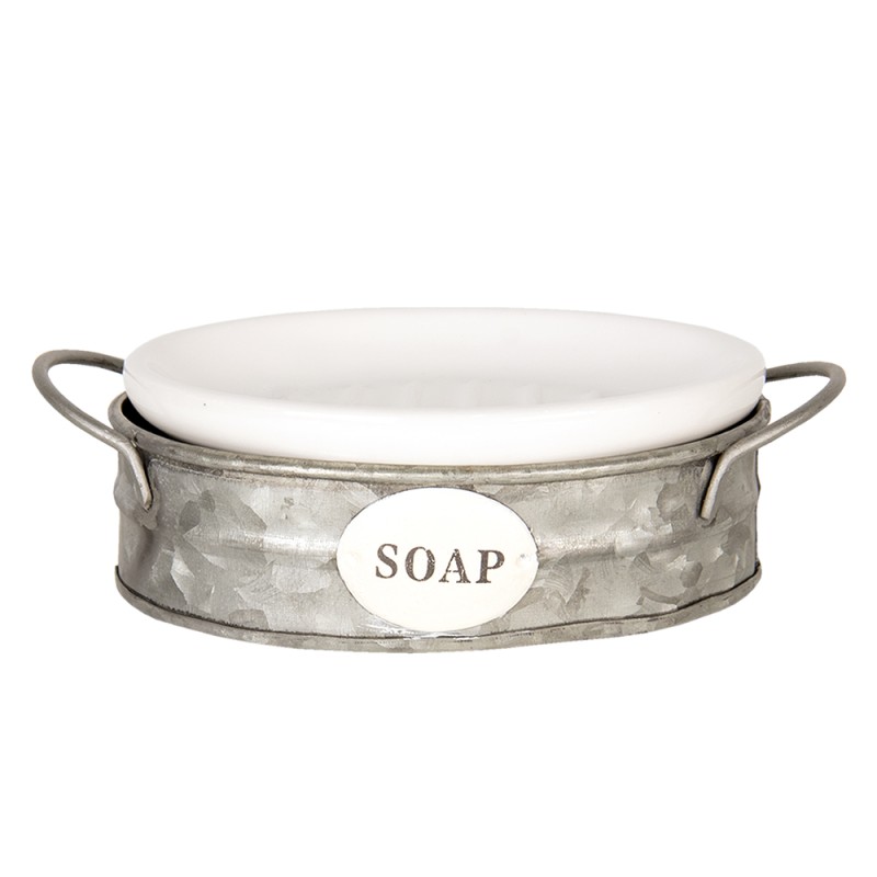 Clayre & Eef Porte-savon 16x11x6 cm Blanc Gris Métal Ovale Soap