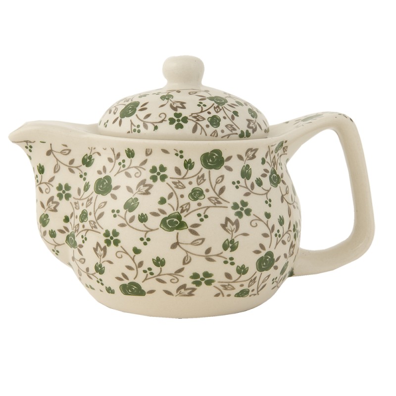 2Clayre & Eef Teekanne mit Sieb 6CETE0016 700 ml Grün Keramik Rund Blumen Teekanne Japanische Teekanne