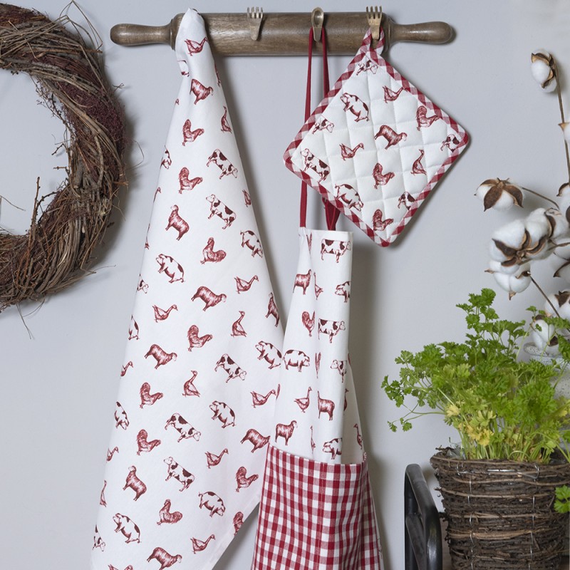 Clayre & Eef Asciugamani da cucina 50x70 cm Rosso Bianco  Cotone Rettangolo Animali da fattoria