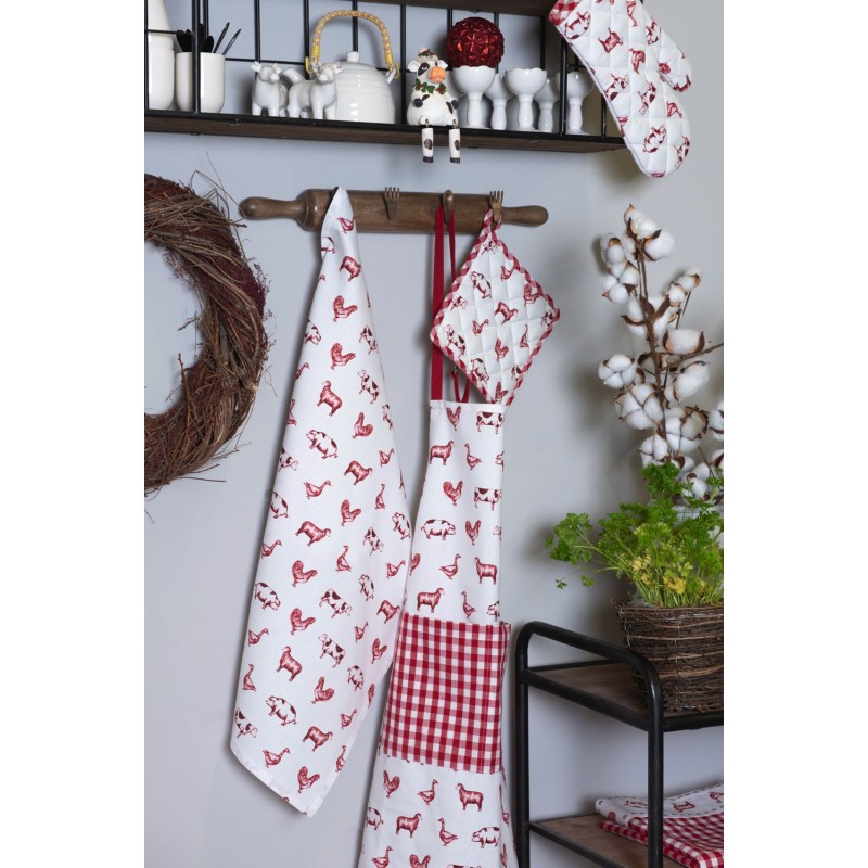 Clayre & Eef Asciugamani da cucina 50x70 cm Rosso Bianco  Cotone Rettangolo Animali da fattoria
