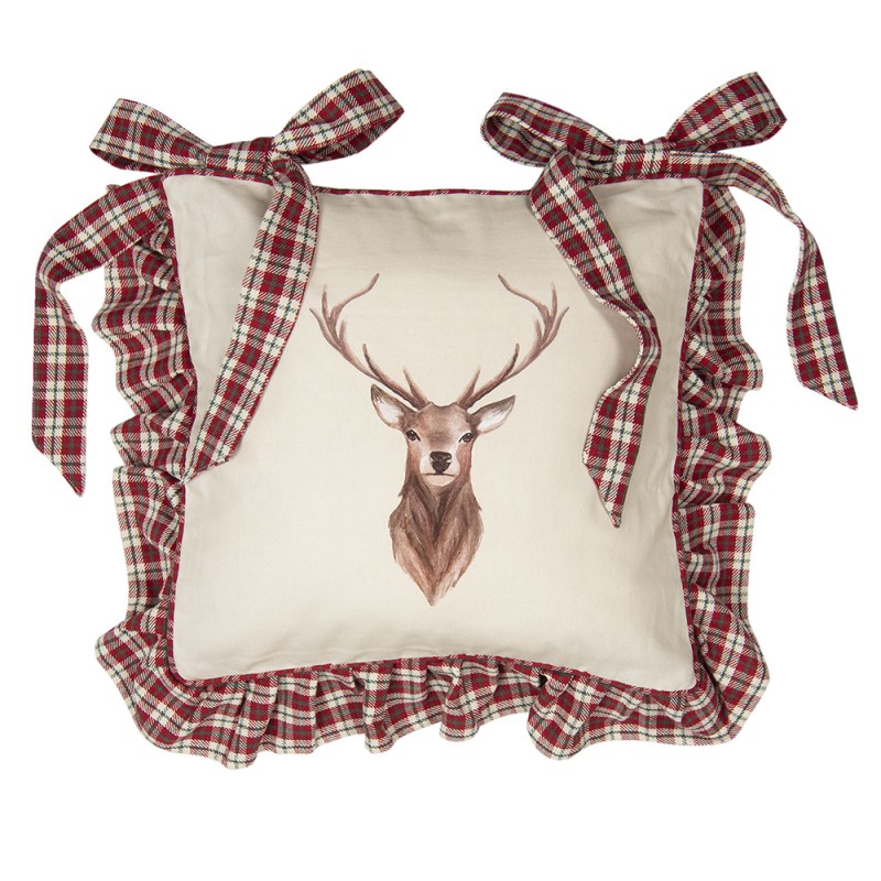 Clayre & Eef Chair Cushion Cover 40x40 cm Beige Red Cotton Square Deer