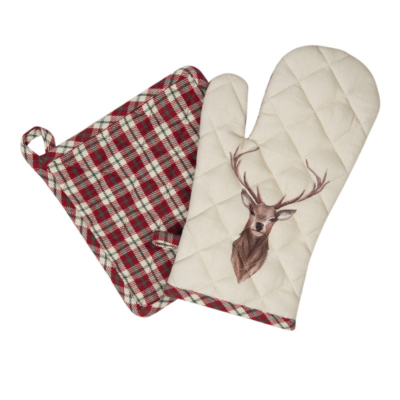 Clayre & Eef Oven Mitt 18x30 cm Beige Red Cotton Deer