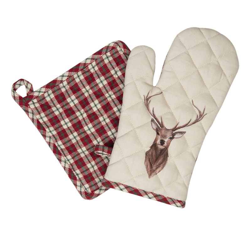 Clayre & Eef Pot Holder 20x20 cm Beige Red Cotton Square Deer