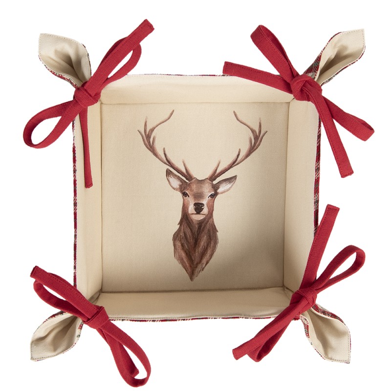 Clayre & Eef Bread Basket 35x35x8 cm Red Beige Cotton Square Diamond and Deer