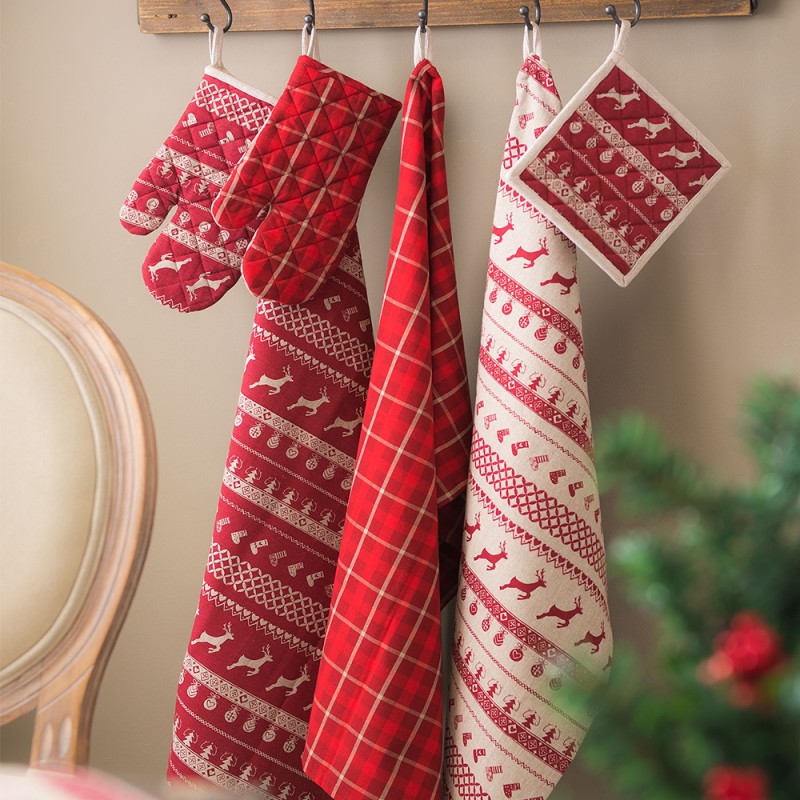 Clayre & Eef Pot Holder 20x20 cm Red Beige Cotton Square Christmas