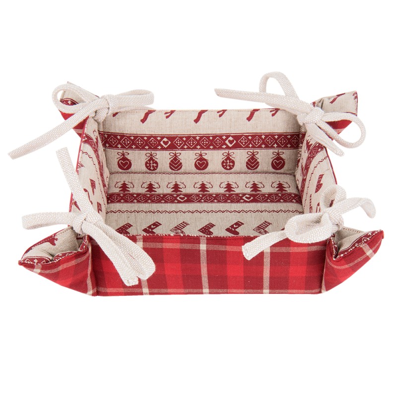 Clayre & Eef Bread Basket 35x35x8 cm Red Beige Cotton Square Christmas