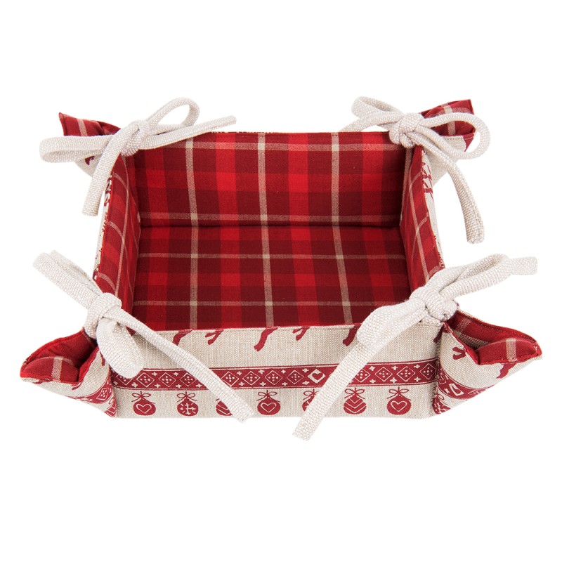 Clayre & Eef Bread Basket 35x35x8 cm Red Beige Cotton Square Christmas