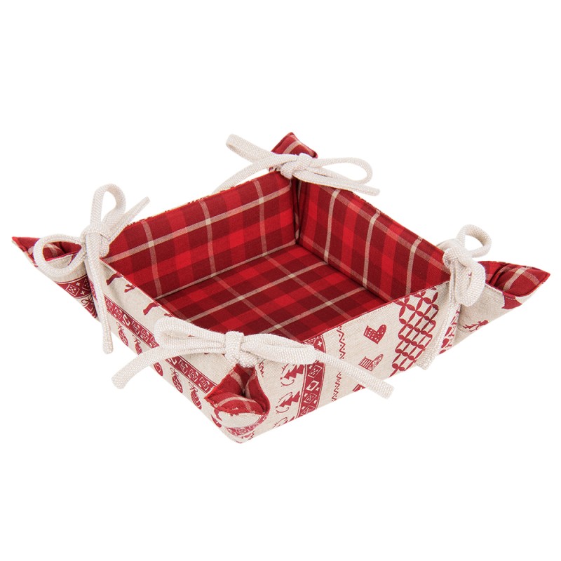 Clayre & Eef Bread Basket 35x35x8 cm Red Beige Cotton Square Christmas