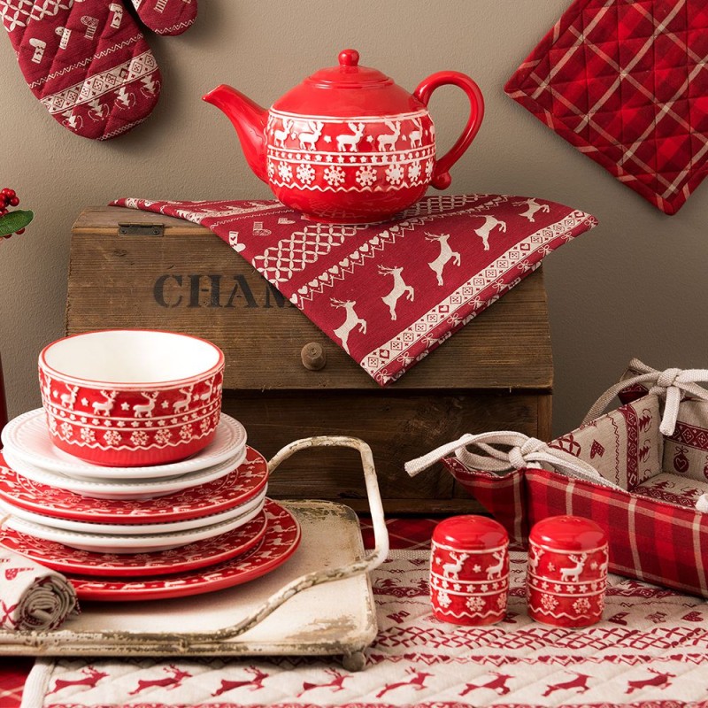 Clayre & Eef Bread Basket 35x35x8 cm Red Beige Cotton Square Christmas