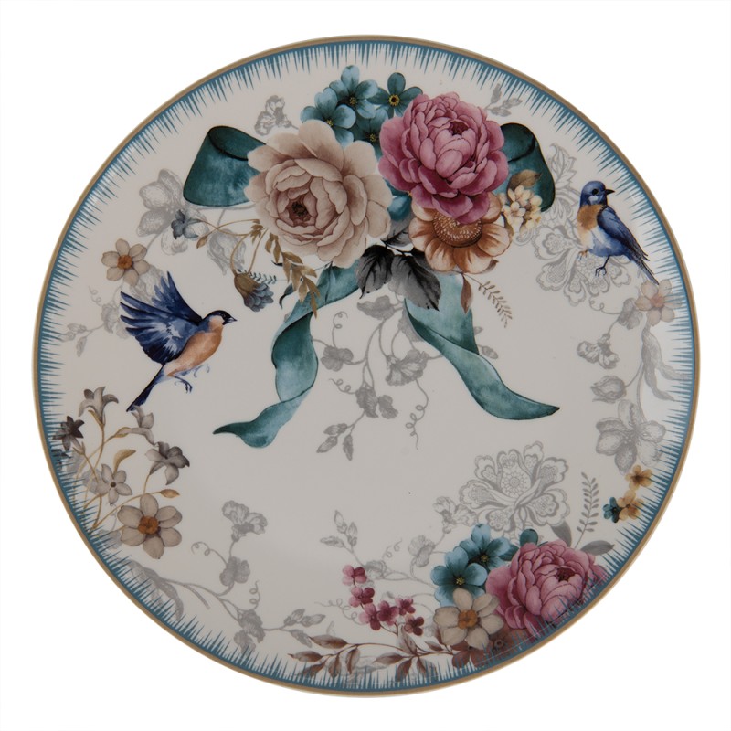 Clayre & Eef Assiette de petit déjeuner Ø 20 cm Blanc Rose Porcelaine Rond Fleurs