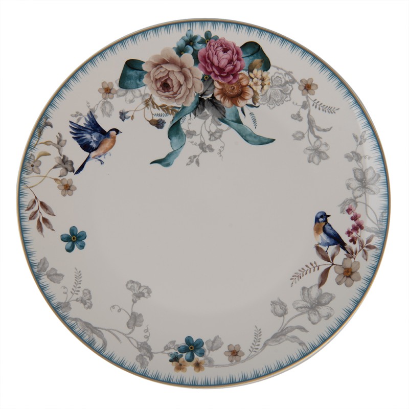 Clayre & Eef Dinerbord  Ø 26 cm Wit Roze Porselein Rond Bloemen