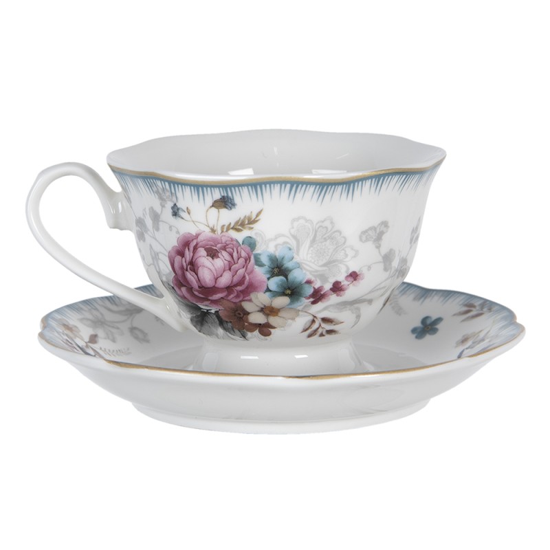 Clayre & Eef Cup and Saucer 220 ml White Pink Porcelain Round Flowers