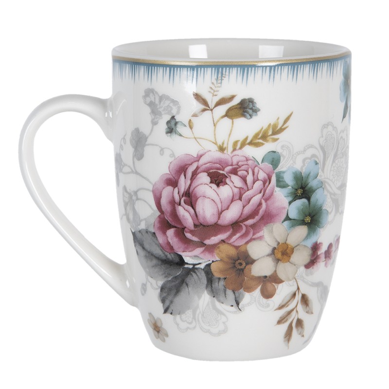 Clayre & Eef Mug 360 ml Blanc Rose Porcelaine Rond Fleurs