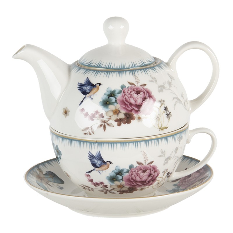 Clayre & Eef Tea for One  460 ml Wit Roze Porselein Rond Bloemen