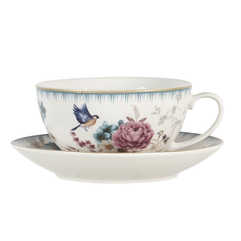 Clayre & Eef Tea for One  460 ml Wit Roze Porselein Rond Bloemen