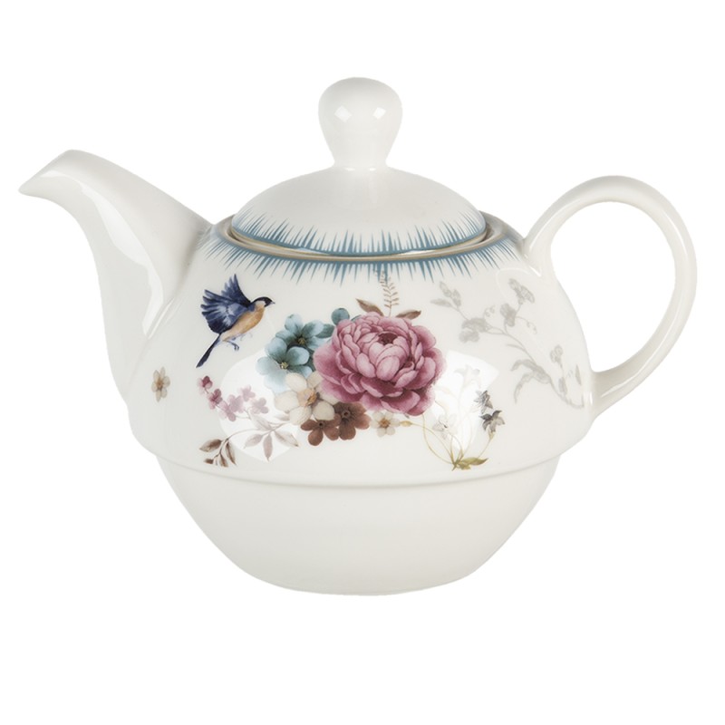 Clayre & Eef Tea for One  460 ml Wit Roze Porselein Rond Bloemen