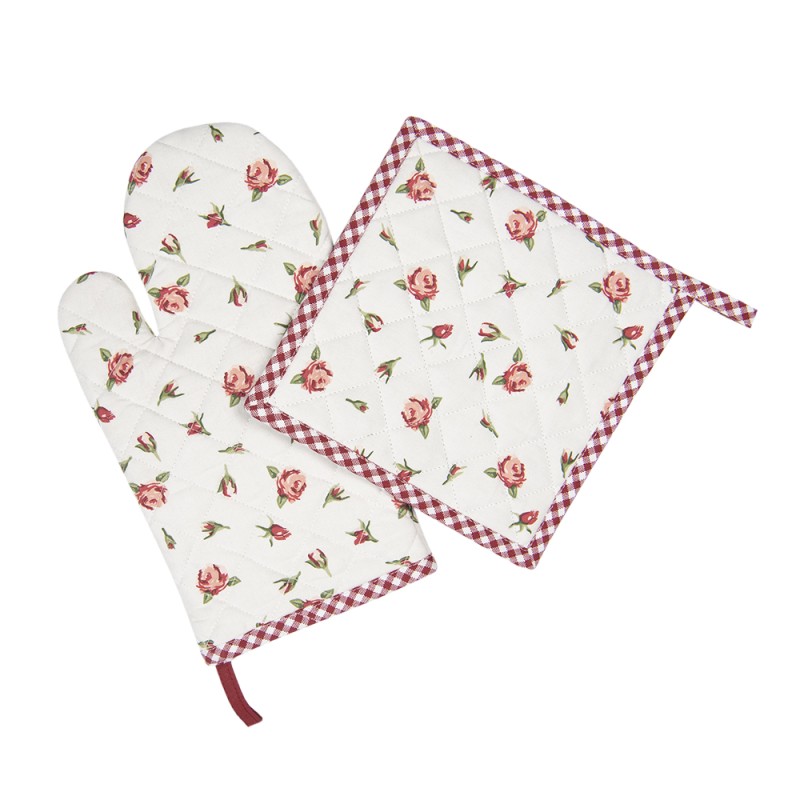 Clayre & Eef Oven Mitt 18x30 cm Red White Cotton Roses