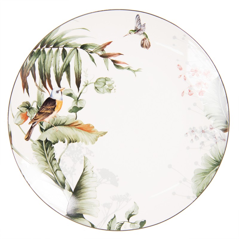 Clayre & Eef Dinner Plate Ø 26 cm White Green Porcelain Round Birds