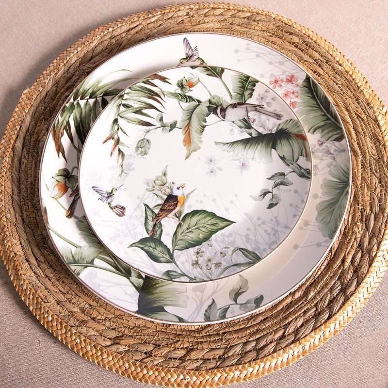 Clayre & Eef Dinerbord  Ø 26 cm Wit Groen Porselein Rond Vogels