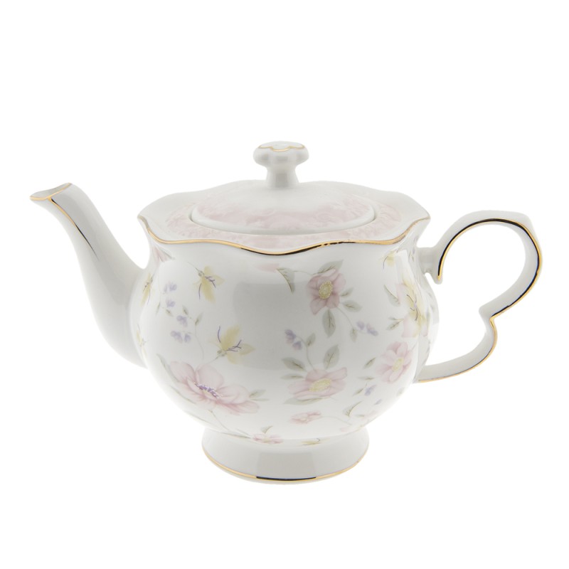 Clayre & Eef Teapot 1200 ml White Pink Porcelain Round Flowers