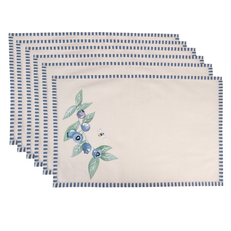 Clayre & Eef Placemats Set of 6 48x33 cm Beige Blue Cotton Rectangle Blueberries