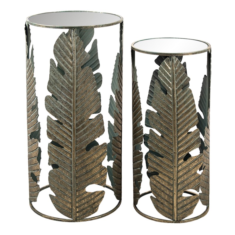 Clayre & Eef Beistelltisch 2er Set Kupferfarbig Metall Glas Rund Blätter