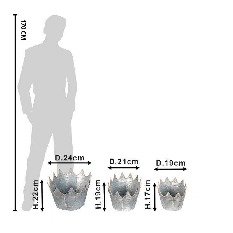 Clayre & Eef Plant Holder Ø 24 Ø 21 Ø 19 cm Grey Metal Crown