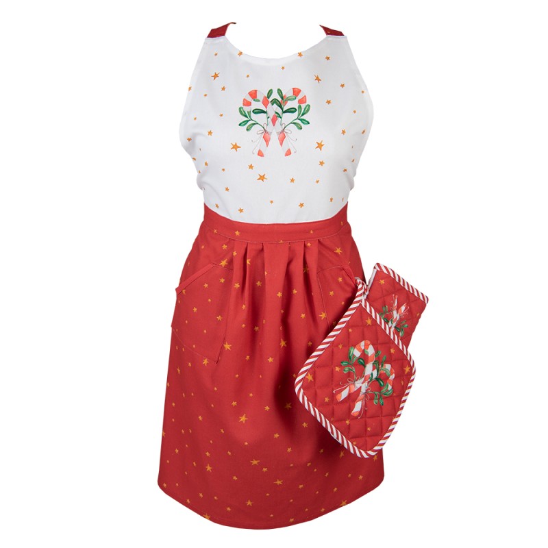 Clayre & Eef Kitchen Apron 70x85 cm White Red Cotton Nutcrackers