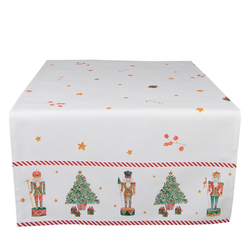 Clayre & Eef Weihnachtlicher Tischläufer 50x140 cm Weiß Rot Baumwolle Rechteck Nussknacker