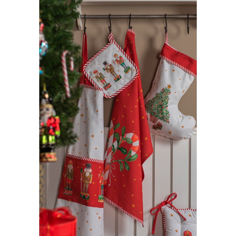 Clayre & Eef Tafelloper Kerst  50x140 cm Wit Rood Katoen Rechthoek Notenkrakers