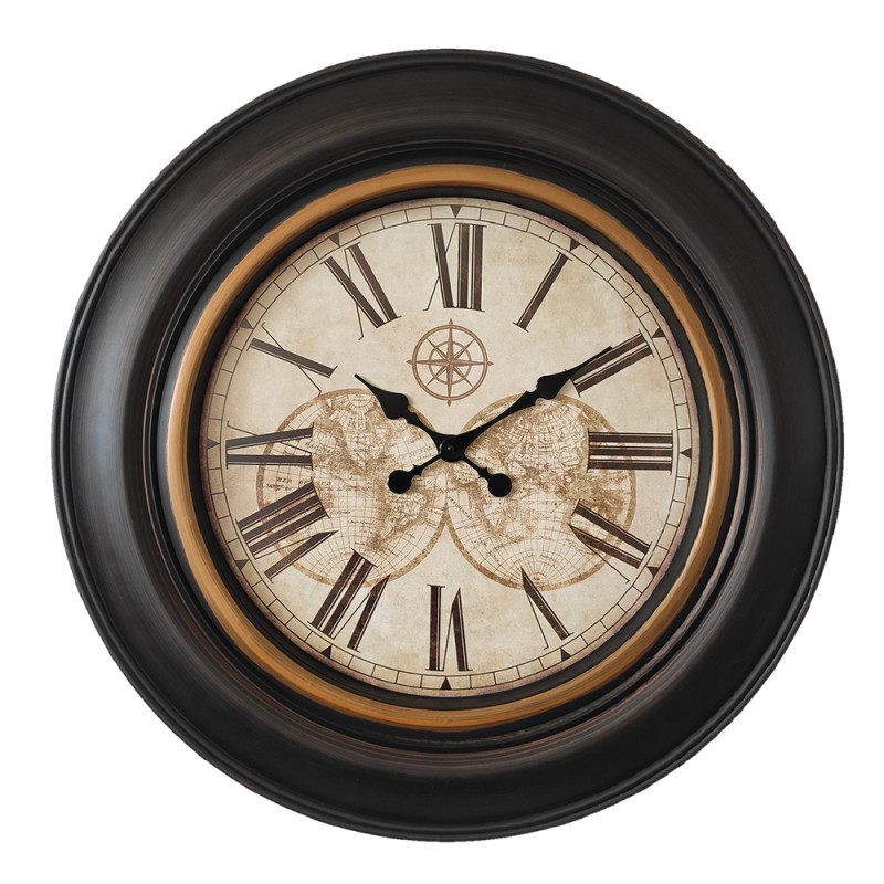 Clayre & Eef Wall Clock Ø 76 cm Black Brown Plastic Round Globe