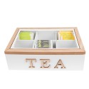 Clayre & Eef Tea Box with 6 Compartments 23x17x8 cm White Brown MDF Glass Tea