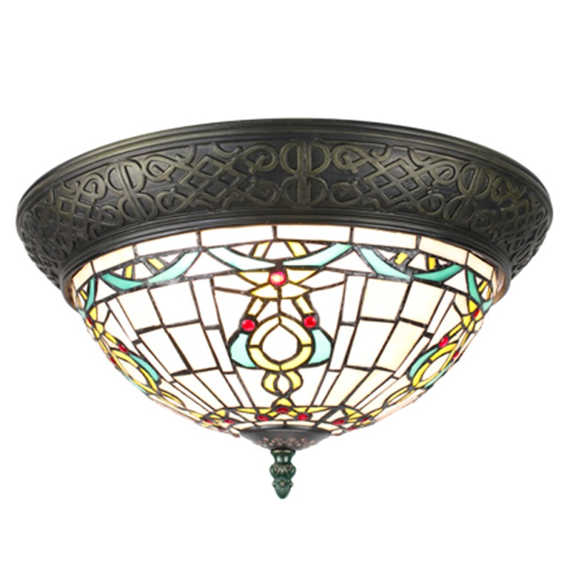 LumiLamp Lampe de plafond Tiffany Ø 38 cm Beige Vert Plastique Verre Rond
