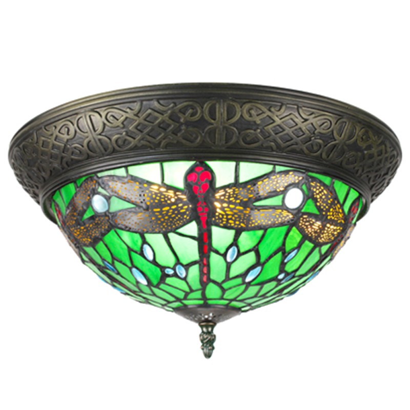 LumiLamp Lampada da soffitto Tiffany Ø 38 cm Verde Marrone Plastica Vetro Rotondo