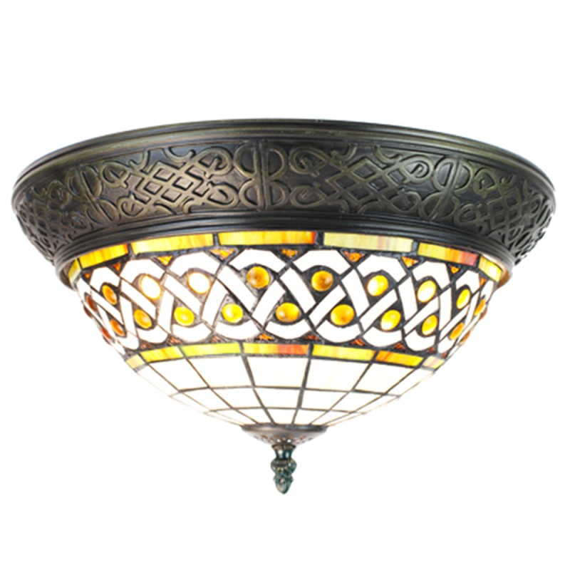 LumiLamp Lampe de plafond Tiffany Ø 38 cm Marron Beige Plastique Verre Rond