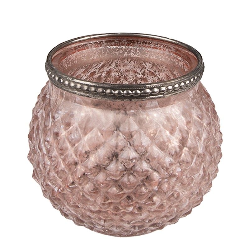 Clayre & Eef Tealight Holder Ø 10x9 cm Pink Glass Metal