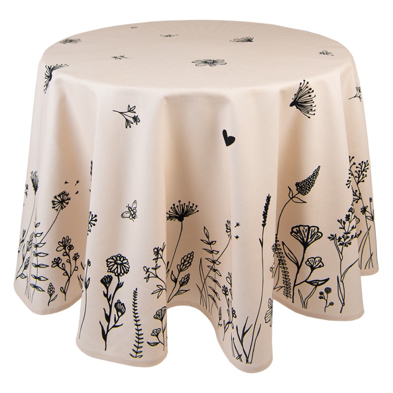 Clayre & Eef Tablecloth Ø 170 cm Beige Black Cotton Flowers