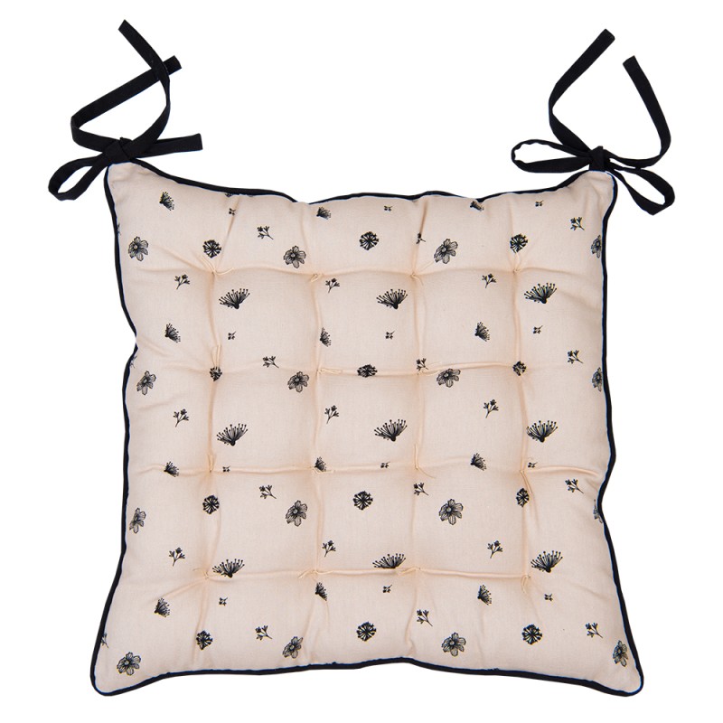 Clayre & Eef Coussin de chaise en mousse 40x40x4 cm Beige Noir Coton Fleurs