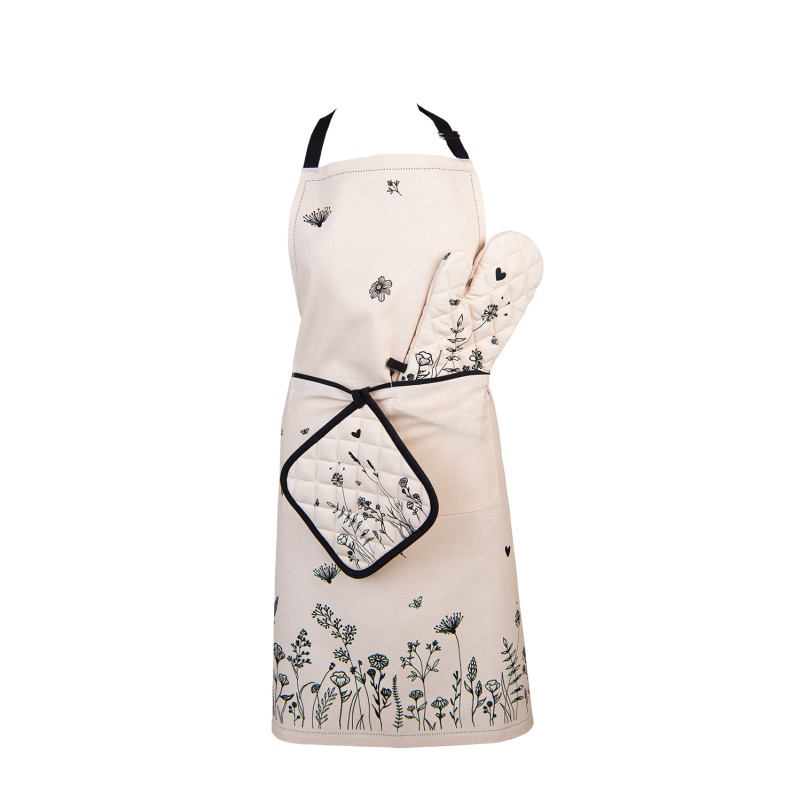 Clayre & Eef Kitchen Apron 70x85 cm Beige Black Cotton Flowers