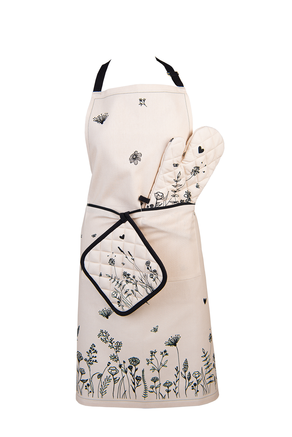 Keukenschort 70X85 Cm Beige Zwart Katoen Bloemen-image