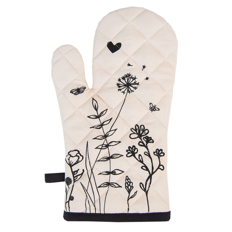 Clayre & Eef Oven Mitt 18x30 cm Beige Black Cotton Flowers