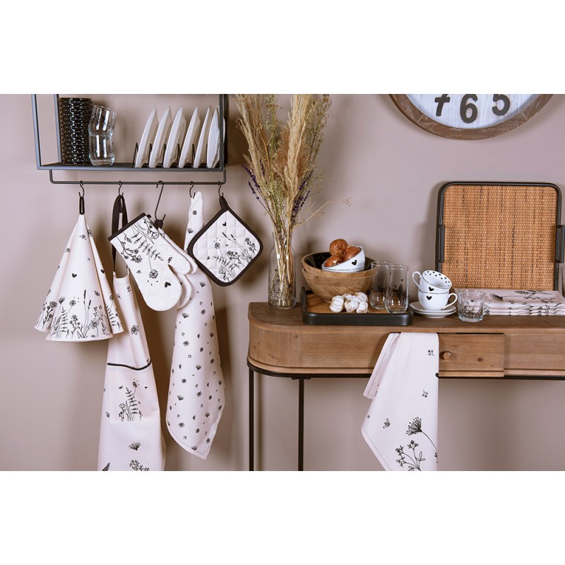 Clayre & Eef Oven Mitt 18x30 cm Beige Black Cotton Flowers