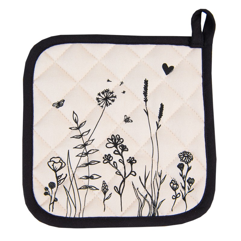 Clayre & Eef Pot Holder 20x20 cm Beige Black Cotton Flowers