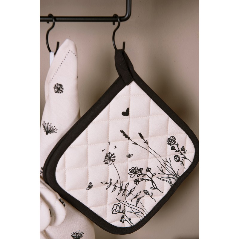 Clayre & Eef Pot Holder 20x20 cm Beige Black Cotton Flowers