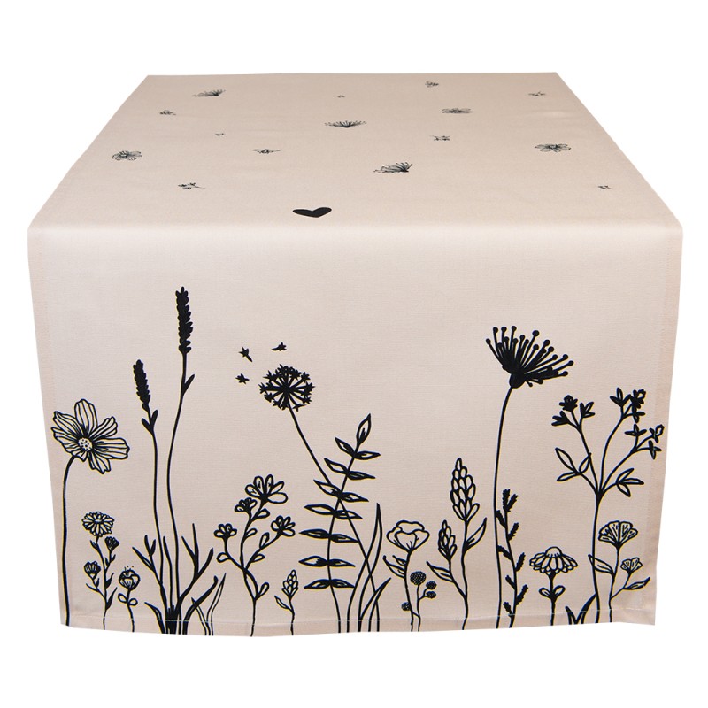 Clayre & Eef Chemin de table 50x140 cm Beige Noir Coton Fleurs