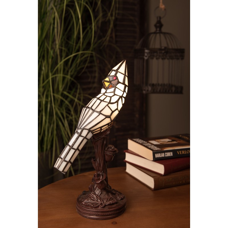 LumiLamp Tiffany Tischlampe Vogel 15x12x33 cm  Beige Kunststoff Glas