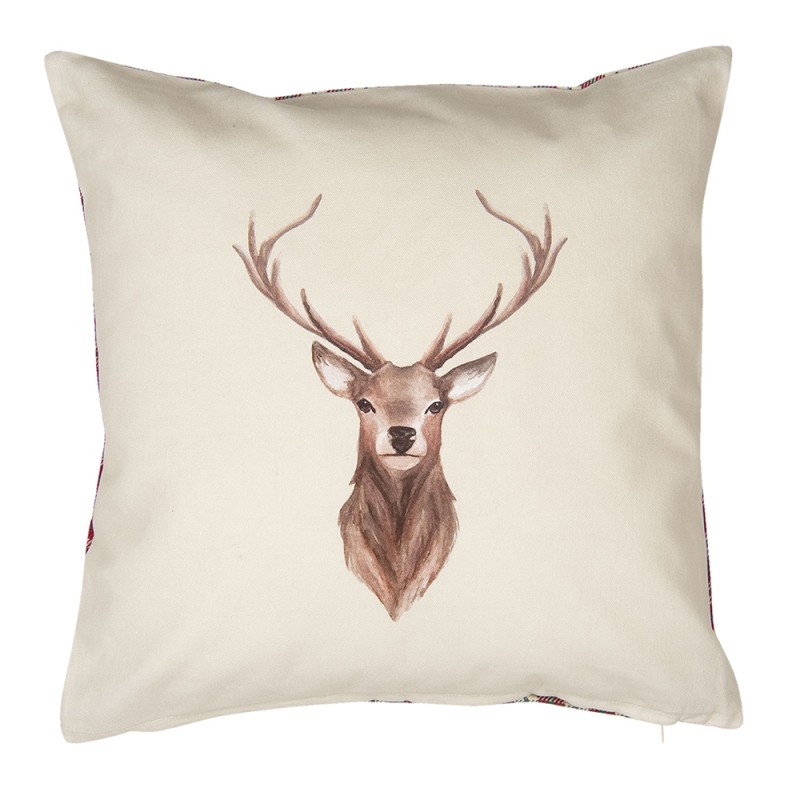 Clayre & Eef Cushion Cover 40x40 cm Beige Red Cotton Square Deer
