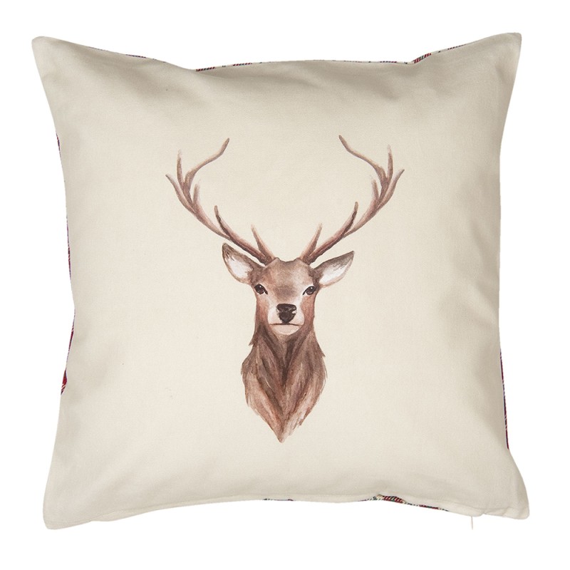 Clayre & Eef Housse de coussin 40x40 cm Beige Rouge Coton Carré Cerf