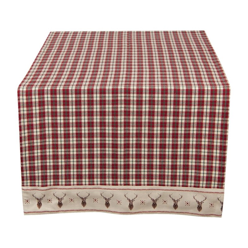 Clayre & Eef Tovaglia da tavolo 50x140 cm Rosso Beige Cotone Rettangolo Rombo e cervo